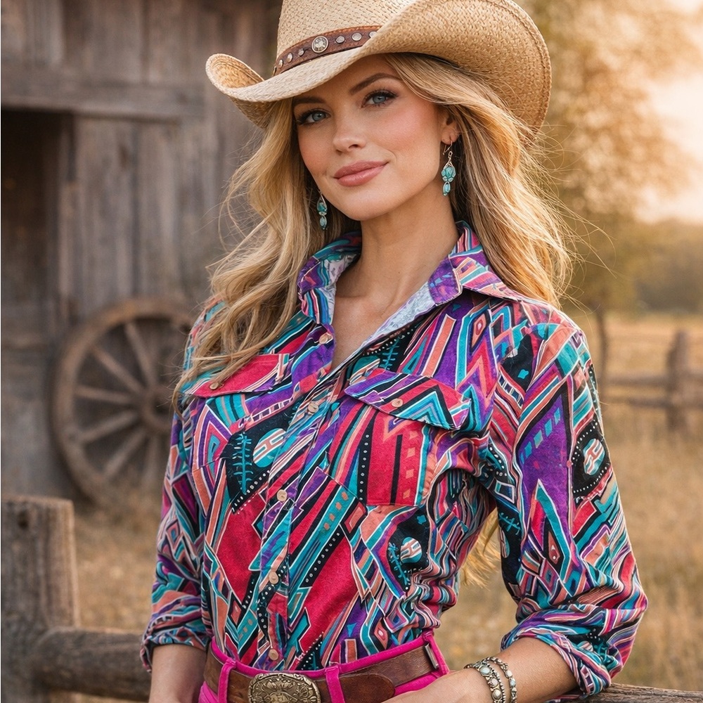 Vintage Wrangler Cowboy Cut Western Colorful Twill Brushpopper Shirt Aztec 90s